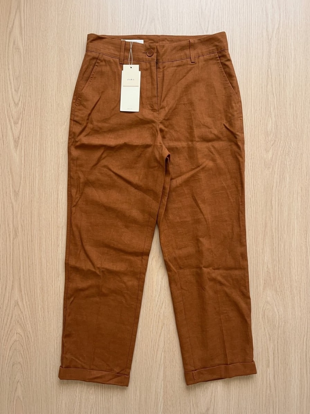 Zara NWT Rust Brown Linen Blend High Waisted Straight Leg Trousers Size